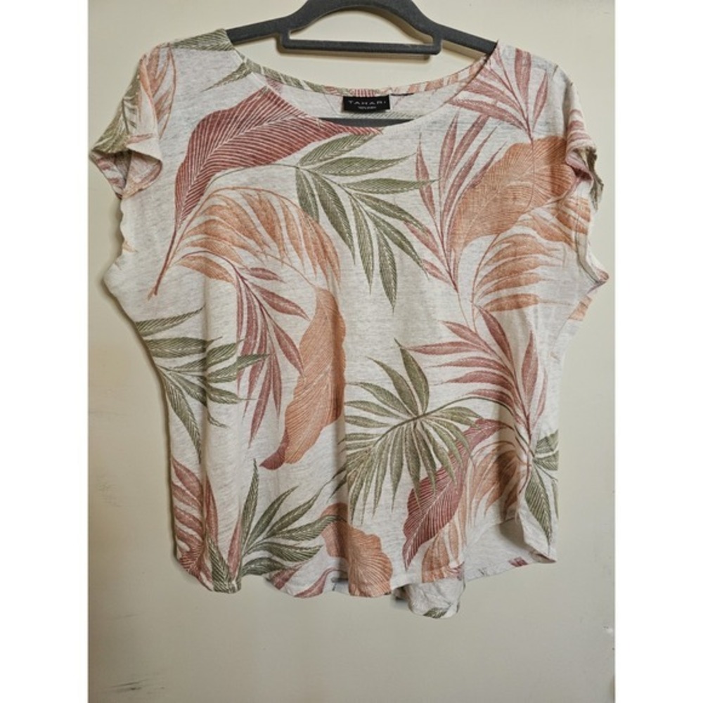 Tahari Blouse Tropical Print Linen‎ Tee Resort Cruise Floral Vacation Top size L